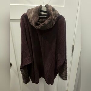 Capote Faux Fur Trim Tunic Top Brown Cowl Neck Pullover Sweater Medium Cozy Luxe